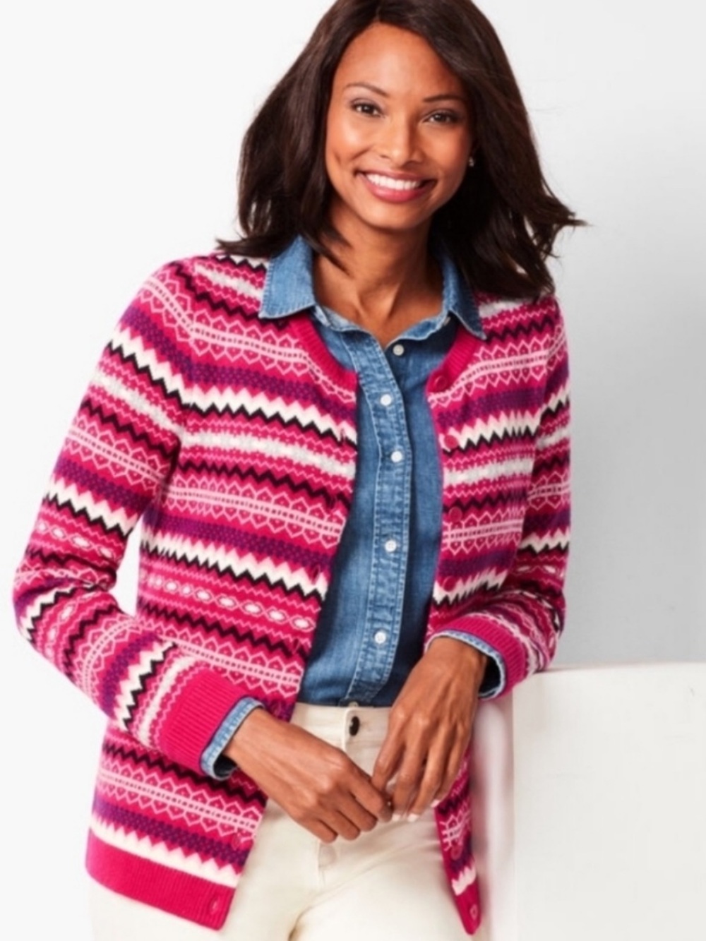 Talbots Petites XLP Pink Fair Isle Cardigan Sweater Button Front Lambswool Blend